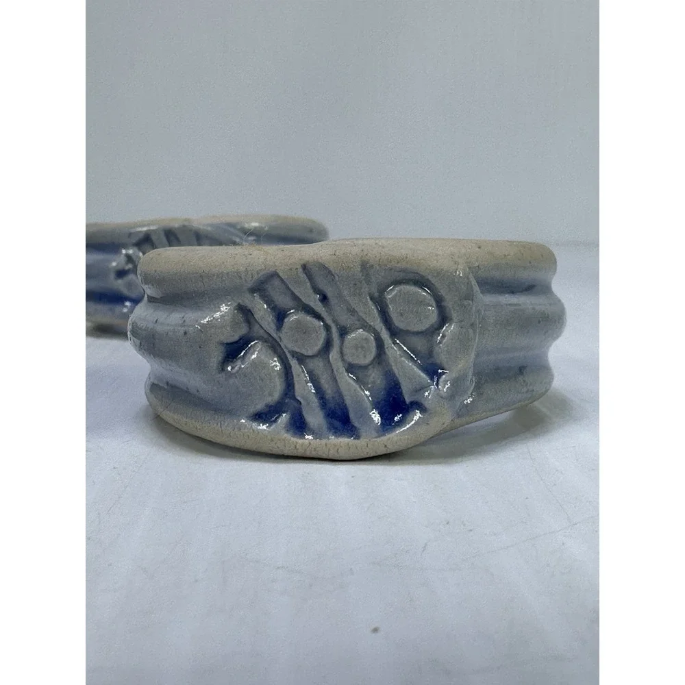 Handmade Pottery Napkin Rings Set of 4 Natural with Blue Accent